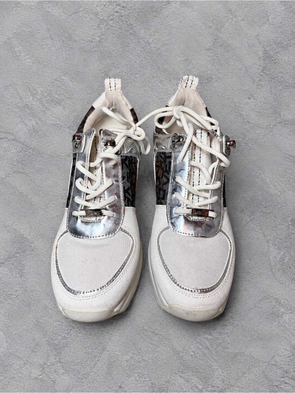 DKNY White Sneakers with Silver Metallic Accents and Leopard Trim